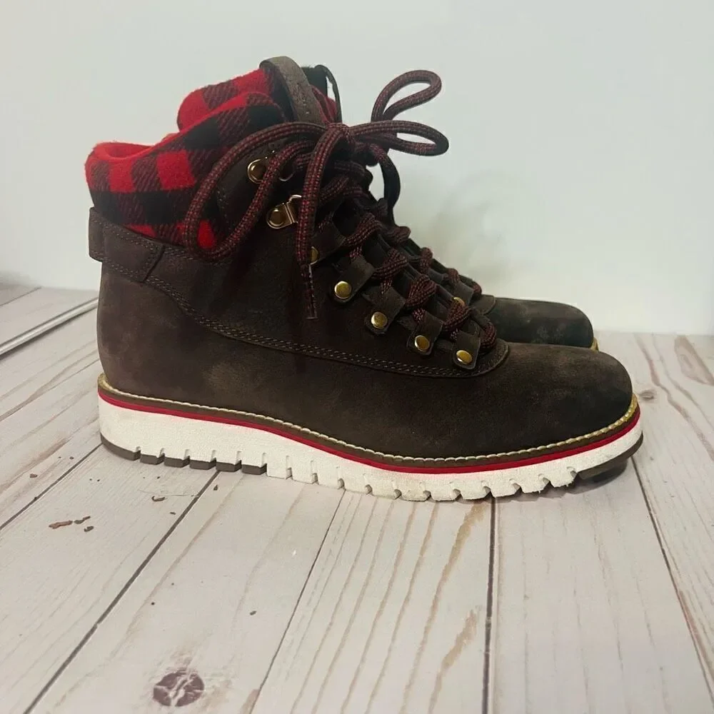 Cole Haan Grand Explore Brown Suede Ankle Boots Wool Buffalo Plaid Red Black Sz